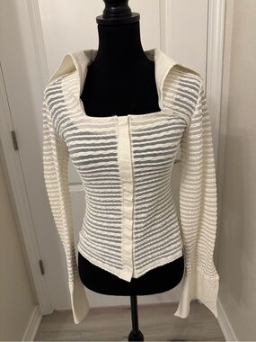 French Cream Textured Square-Neck Button-Down Top